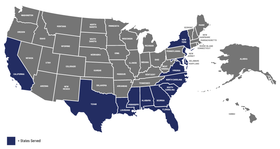 A United States map highlighting the states served: Alabama California Delaware Florida Georgia Louisiana Maryland Mississippi New Jersey New York North Carolina South Carolina Texas Virginia